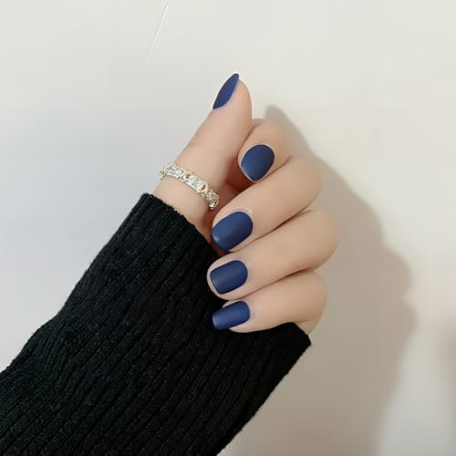 Dark Blue Short Square Fake Nails, 48PCS Matte Navy Blue Press on Nail,Natural False Nails,Acrylic Artificial Fake Nail Full Cover False Nails for Women Nail Art (Dark Blue, One Size)
