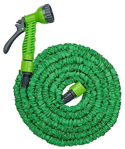 Kinzo Flexibler Gartenschlauch 10 m – inkl. Schlauch Aufsatz – Flexschlauch mit Sprühkopf mit 7 Sprühpositionen – Kunststoff – Grün/Grau