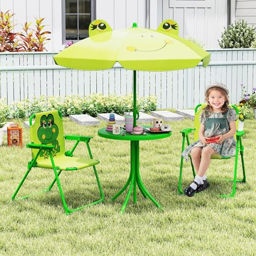 RELAX4LIFE Set Tavolo Sedie Ombrellone da Giardino per Bambini, Set Mobili con Tavolino, 2 Sedie Pieghevoli e Ombrellone per Bimbi, Tavolo da Picnic per Giardino Asilo Parco Giochi (Rana S1)