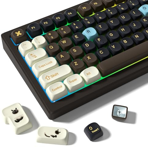 MOA Profile PBT Keycaps,132 Keys Janese Style Keycap Set with Cute Icons, Dye-Sublimation, MOA Profile,Cream Brown Theme for Most 60% 65% 75% 80% 100% US Layout Cherry MX Switches Mechanical Keyboard