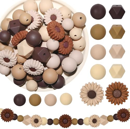 100 st silikonpärlor set, armband Pärlor för trådning, silikon pärlors, bulk silikon pärlor flera former lätt och bärbar, lämplig för armband, hantverk (brun)