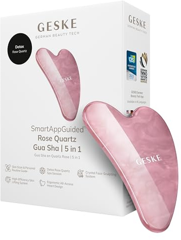 GESKE Rose Quartz Gua Sha | 5 in 1 | Anti-Schwellungen Hautstraffung | SmartAppGuided | Massagen für Gesicht & Körper | Face Yoga | Aus Rosenquarz | Handliches & ergonomisches Design