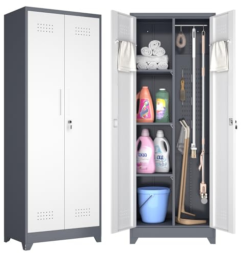 GREATMEET Metal Garage Storage Cabinet, Broom Closet Storage Cabinet with Doors, Pegboard and Hanging Rod, Cleaning Supplies Closet for Bathroom, 165cm