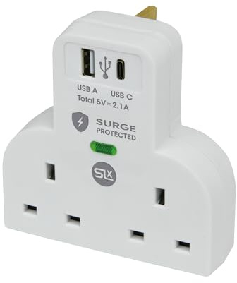 SLx Double Plug Adaptor with USB A and USB C 2.1A Surge Protected 2 Way Socket Extension Wall Charger Adapter 13A UK 3 Pin Power Socket for Bedroom Office Kitchen White