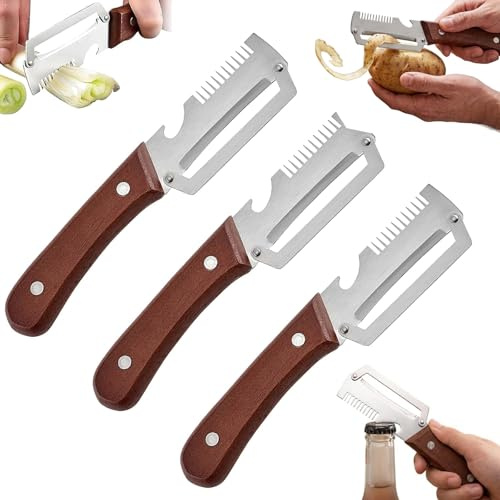 Lot de 3 Éplucheur de légumes multifonction 3 en 1, Eplucheur en Acier Inoxydable et manche en bois, Éplucheur multifonctionnel avec Décapsuleur, Coupe-Oignon, pour fruits, légumes