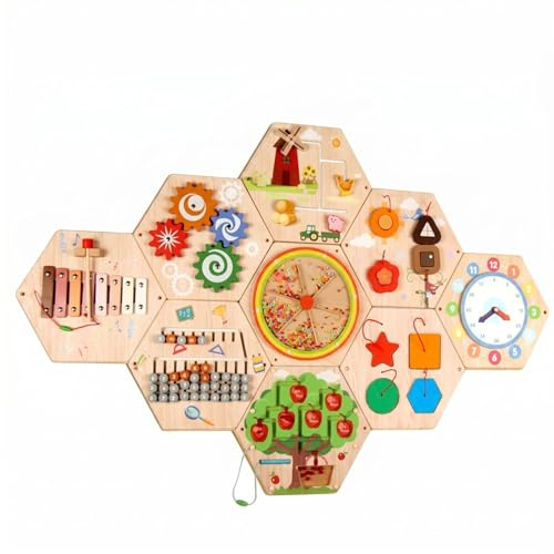 LRXFPIYF Kinder Lernbrett Motorikspielzeug Spielpanel Holzaktivitäten Brett Wandmontage für Gezielte Förderung für Kinderzimmer Lernbereich, Sechseckiges Wandspiel 4.5kg