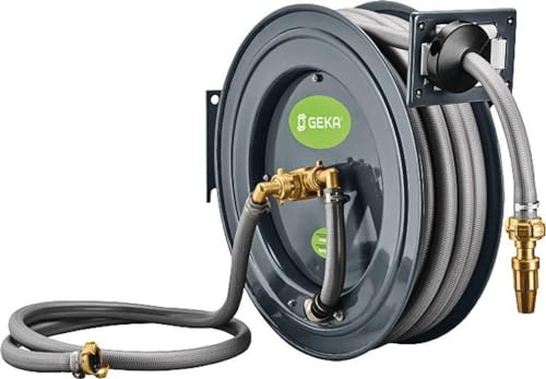 GEKA plus Automatischer Schlauchaufroller PA20SK (robuster Schlauchaufroller, Stahlkonstruktion, autom. Rückzug, schrittweise Arretierung, mit Schlauch 20 m)