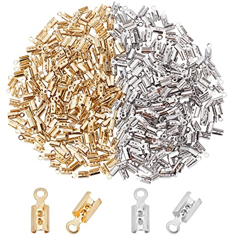 CREATCABIN 1 Box 400Pcs 2 Farbe Faltende Crimpenden Umfalten Kordel Crimpspitzen 3mm Lederband Klemmverschluss Messing Terminatoren Schmucksuche Kit DIY Armbänder Anhänger Halsketten Platingold Machen