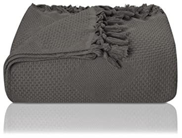 LAYNENBURG Premium Couvre-lit avec Franges nouées à la Main - 100% Coton - 150 x 220 cm - Couverture d'été en piqué gaufré en Coton, Couvre-canapé & Couverture de canapé (Anthracite)