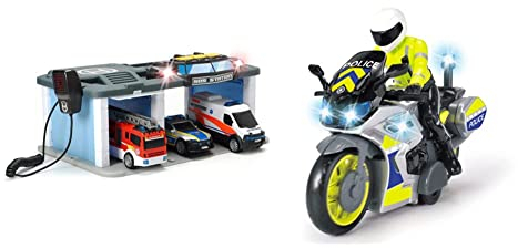 Dickie Toys - Rescue Center – Rettungsstation mit Funkgerät, Polizei & – Polizei Motorrad – Spielzeug Motorrad mit Polizisten-Figur, für Kinder ab 3 Jahren