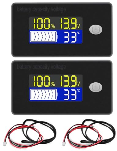 VOKTTA 2 Stück Batteriekapazität Spannung Messgerät mit Alarm und Extern Temperatur Sensor -19~80℃ 12V 24V 36V 48V 60V 72V Blei Säure Batterie Lithium Batterieanzeige Meter