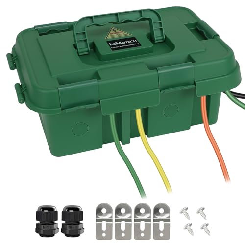 LeMotech Outdoor Electric Box, Outdoor Size, 35.8 x 24.5 x 14 cm, IP55 Waterproof Connection Box with Handle, Cable Security Box with 8 Cable Seal Input, for Socket, Timer, Power Strips, Green