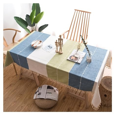 AMDXD Tischtuch Grün Blau, Streifen Kariert Muster mit Quaste Tischdecken Polyester, Tischdecke Esstisch Modern Garten Zimmer Tischdekoration Mitteldecke für das ganze Jahr, 140x220CM