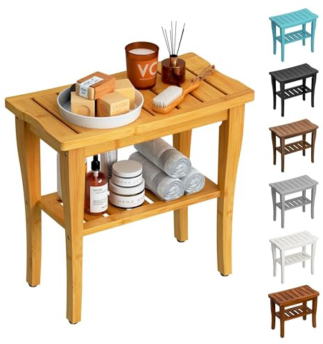 oridom Bamboo Shower Bench Stool with Storage Shelf, Waterproof Shower Chair Spa Bath Seat, Shower Stool for Inside Shower, Bathroom Bench Seat for Adults Elderly Seniors for Indoor or Outdoor Use