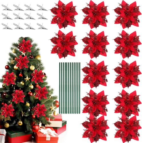 Weihnachten Glitzer Weihnachtsstern Künstliche Blumen, 12 Stück Weihnachten Blumen Glitzer Künstliche Weihnachtsstern, Weihnachtssterns Deko Blumen, Weihnachtens Blumens mit 12Pcs Vorbauten und Clips