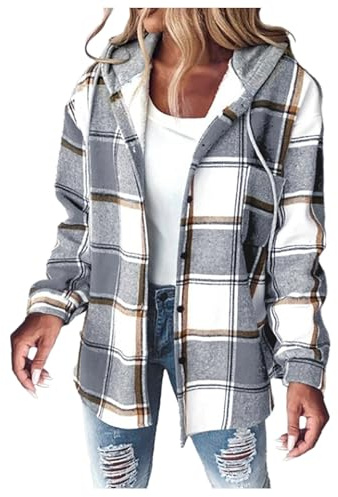 Damen Lässige Karierte Wolljacke mit Print Mantel Warme Winterjacke mit Taschen Umlegekragen Langarm Oberbekleidung Strickjacke mit Knöpfen