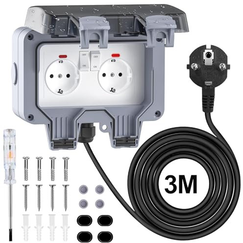 Außensteckdose Wasserdicht IP66 Aussensteckdose 2 Fach Doppel Steckdose Außen mit 3M Kabel Schalter Klappdeckel,Wandsteckdose Feuchtraum Aufputz Wetterfest Outdoor Gartensteckdose,Grau
