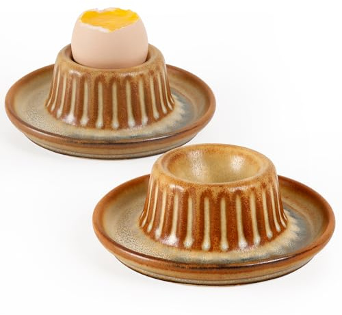 Autumnlife Lot de 2 coquetiers empilables avec plateau, en porcelaine, ronds, pour le tisc du petit-déjeuner, idéaux pour les œufs durs et mollets, marron