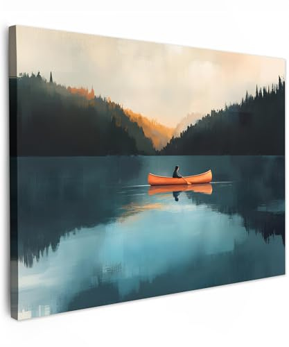 MuchoWow© Impression sur Toile Decoration Murale Peinture Tableaux | 40x30 cm - Decoratifs Muraux Déco Chambre Tableau Salon Forêts - Lac - Canoë - Orange