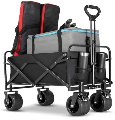 Carro Plegable con Ruedas, Carga hasta 150Kg, XXL Carro de Mano Plegable con 4 Ruedas Giratorias 360°, Reforzadas Neumáticos de 10cm, Carro Plegable con 2 Portavasos, para Camping, Playa (Negro)