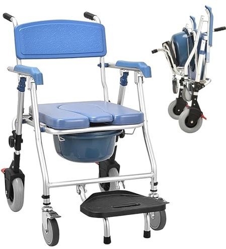 JIMINHUIXIN Silla Ducha WC con Ruedas Plegable, Silla de Baño para Mayores, Plegable Silla WC para Personas Mayores, Sillas con Inodoro Portátil para Minusvalidos, Soporta hasta 150 kg