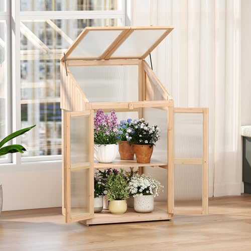 RELAX4LIFE Serre en Bois, Maison de Plantes avec Panneau PC Transparent, Toit Ouvrant, Porte avec Poignées et Verrou, Étagères Amovibles, Zone de Culture de Fleurs Intérieure et Extérieure
