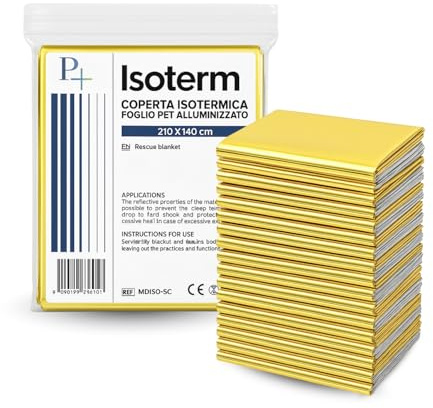 PALUPLUS 50 Coperte Termiche per Emergenze, Misura 140x210 cm, Telo Isotermico Primo Soccorso Oro e Argento, coperta di sopravvivenza, Trattiene Calore e Protegge dal Sole e Freddo -6181C-2,85