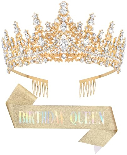 DRESHOW Birthday Crown and Sash for Women Birthday Queen Sash & Rhinestone Tiara Set Tiaras and Sashes for Girls Decorations Hair Accessories Glitter Shoulder Strap for Party