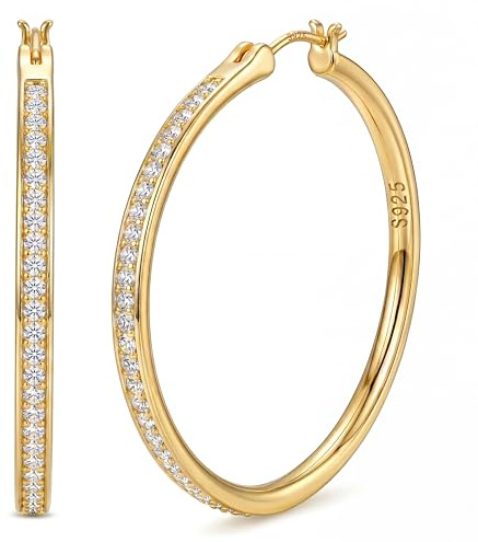 FANCH Pendientes de Aro Plata S925 para Mujeres Niñas Pendientes de Aro Grandes de Zirconia Cúbica Brillante 18K Oo Blanco Chapado Hpoalergénico Ligero Diamante Strass Pendientes de Aros 40mm Oro
