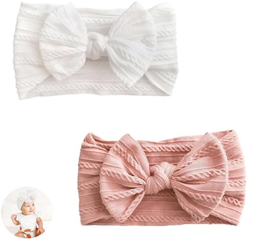 2 PCS Baby Headband, Newborn Headbands, Baby Girl Headbands 0-3 Months, for Babies Newborn Baby Girl Infant Toddler (White+pink)
