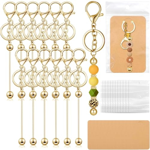 12PCS Schlüsselanhänger Set Perlen Stäbe, Karte Schlüsselringe Geschenkbeutel für DIY Kreatives Basteln