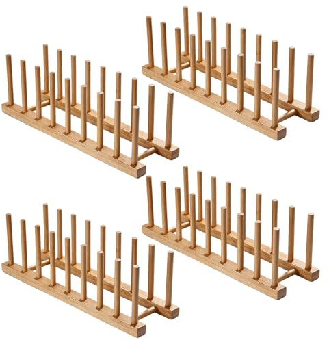Calenxy 4 Stück Tellerständer Holz, Teller Organizer mit 8 Fächern, Holz Abtropfgestell, Geschirrabtropfgestell Bambus Plate Holder Tellerregal Halter für Schneidebrett Teller Topf Deckel Schüssel