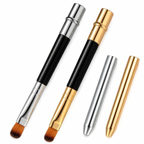2 Pcs Lip Brush for Lipstick with Cap, Professional Lipstick Brush Applicator for Gloss Balm Liner Portable Makeup Tool for Travel Women Girls (Gold Silver)