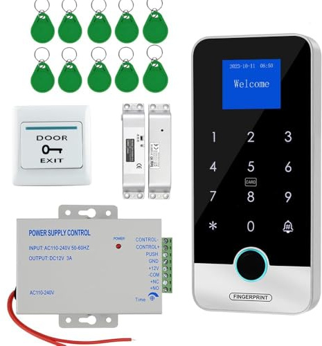 ReaIOKbii Tuya Smart Fingerprint Access Control System Kit,White backlight,Bluetooth App RFID&PIN Door Entry,IP68 Waterproof Keypad with Power Supply,Electric Drop Bolt Lock,Exit Button&10 IC Keyfobs