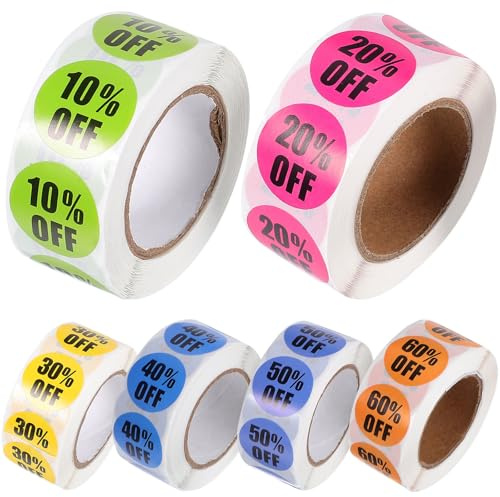 Toyvian 6rollos Etiquetas Adhesivas Circulares para Tiendas Minoristas Pegatinas de Descuento Porcentaje para Carteles de Rebajas y Ofertas Etiquetas por Pack