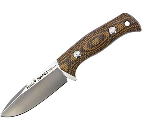 Muela cuchillo de supervivencia TUAREG-10G con hoja de acero Sandvik 14C28N de 10 cm y empuñadura de Micarta yute mostaza de 11 cm para Caza, Supervivencia y Bushcraft + Portabotellas de regalo