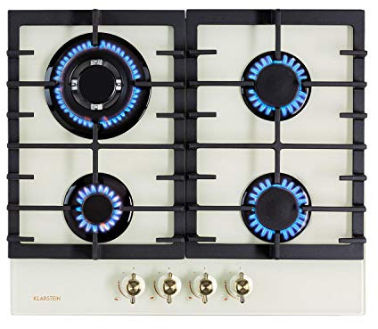 Klarstein Victoria – cocina de gas de 4 fogones, 4 llamas, 60 cm, encastrable, quemador Sabaf, propano, gas natural, válvulas de seguridad, autoapagado, portaollas de hierro fundido, marfil