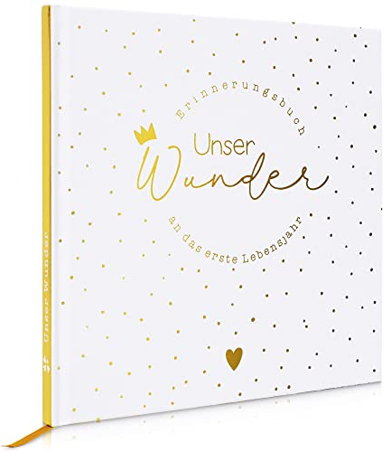 MilaBoo® Unser Wunder Erinnerungsbuch Hardcover Gold I Liebevoll gestaltetes Babyalbum für das erste Jahr I besonderes Geschenk zur Geburt