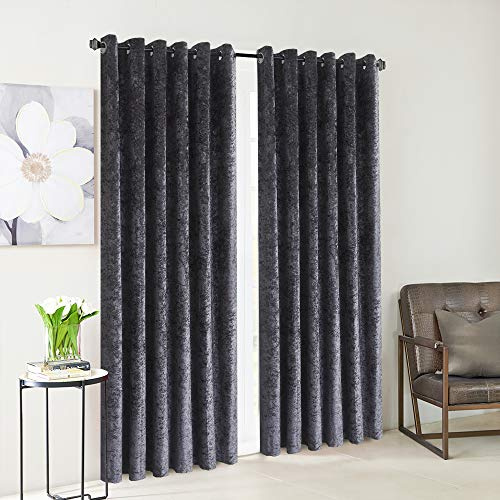 JRI Luxury Crushed Velvet Curtains PAIR Fully Lined Eyelet Ring Top For Bedroom, Living Room, Kitchen, Office (90 x 108, Charcoal Grey) - (Same Day Dispatch)