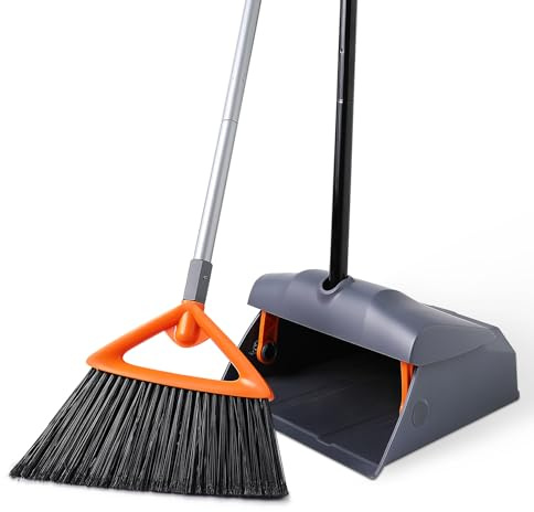 CLEANHOME Heavy Duty Broom with Dustpan Combo Set Indoor and Outdoor Dual Purpose,Stiff Bristle Commercial Angle Broom and Standing Dust Pans with Long Handle for Sweeping Home,Kitchen,Yard,Grey
