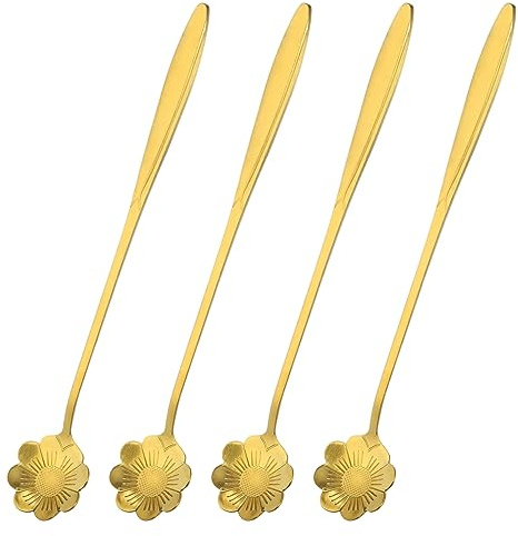 QUARKZMAN 4Stk Edelstahl Blume Löffel 7 Lang Handgriff Sonnenblume Teelöffel Eislöffel Kaffee Löffel für Cocktail Rühren Mixen Gold