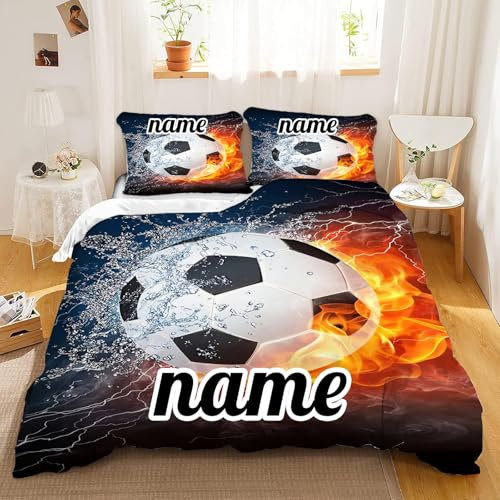 SMchwbc Personalisierte Fußball Bettwäsche Mit Namen und Text - Individuelles Kinderbettwäsche Bettbezug-Set Sport (135 x 200 cm)
