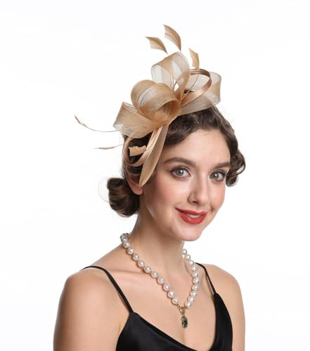 Sinamay Blomma fjäder pannband fascinator bröllop huvudbonader damer race kunglig ascot pillerlåda bröllop cocktail te party derby hatt för kvinnor, B4-Khaki, M