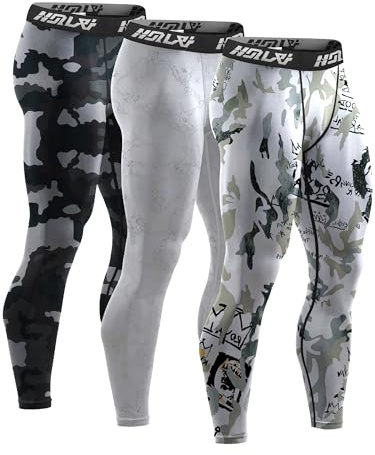 Holure 3er Pack Herren Kompressionshosen, Athletische Workout Lauf Leggings für Männer, Sport Basisschicht Thermo Tights Camo:Armeegrün/Weiß/Grün 02 2XL
