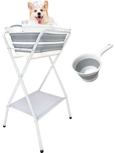 Dog Bath Tub with a Bag Collapsible Dog Grooming Bathtub with Drain and Shelf Adjustable Elevated 2-in-1 Station, Secure Collar - Perfect for Small to Medium Pets' Shower & Grooming,