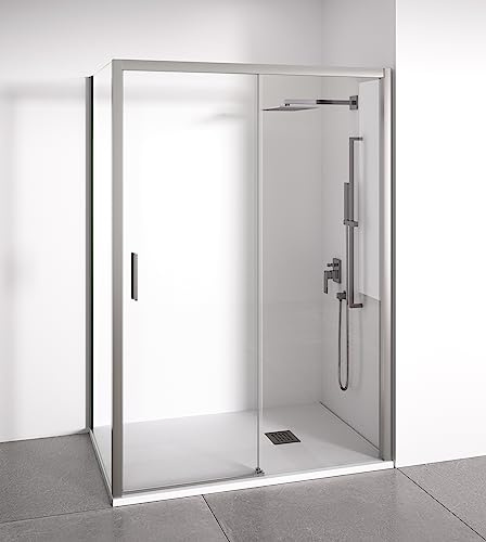 Mampara de Ducha Angular 1 Corredera + 2 fijos - Sin Perfilería Inferior - Cristal Transparente Templado 6mm - Plata Brillo - Ancho Adaptable 130-135x77-80 cm - Posición Puerta izquierda - Alto 195cm