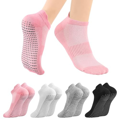 Zuimei 4 Pairs Pilates Yoga Socks for Women Non Slip Grip Socks Reformer Pilates Grippy Sock Breathable Cotton Ankle Sock for Women Ladies Barre Fitness Dance Ballet Hospital Home