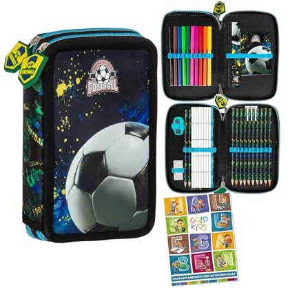 Goldkids - Federmäppchen 2 Fächer - Mäppchen für Mädchen und Jungen - Federmappe 2-Fach Federtasche Gefüllte Schüleretui Schulmäppchen und Hausaufgabenheft - Fußball Motiv