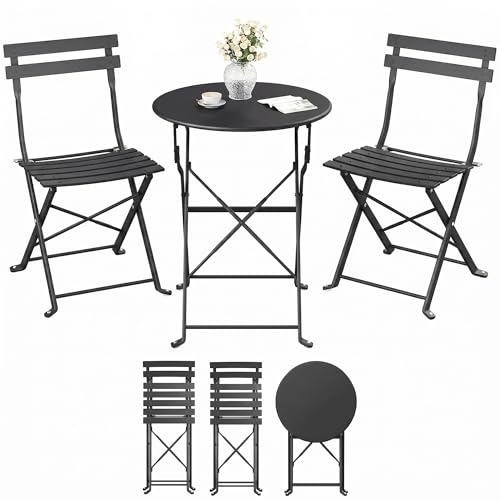 SONGMICS Juego de Jardín de Exterior, 3 Piezas, 2 Sillas y 1 Mesa, Plegable, Salón de Exterior, Acero, Resistente a la Intemperie, para Balcón, Terraza, Negro Tinta GGF036BZ01