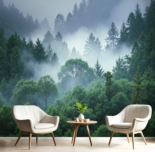 Carta Da Parati 3D Effetto 300X210Cm Fotomurali In Murale Alla Decorazione Da Muro Xxl Poster Gigante Design Soggiorno Cameretta Bianco Verde Foresta Nebbiosa Scenario Naturale